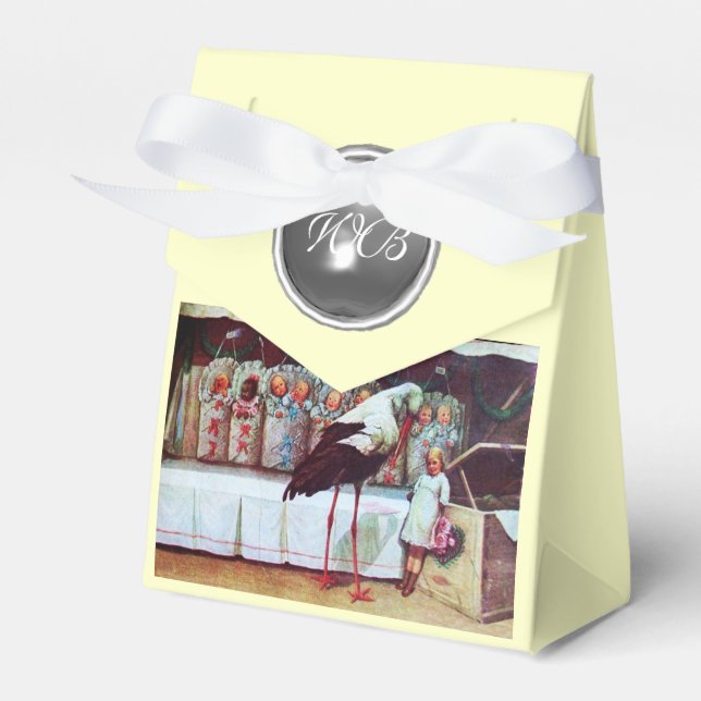 STORK TWIN BABY SHOWER WHITE GEM MONOGRAM FAVOR BOX (Front Side)