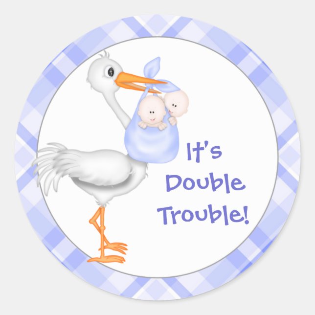 Stork & Twin Boys Baby Announcement Classic Round Sticker (Front)