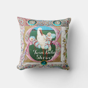 STORK TWIN BOYS BABY SHOWER,FLORAL GEMSTONES THROW PILLOW