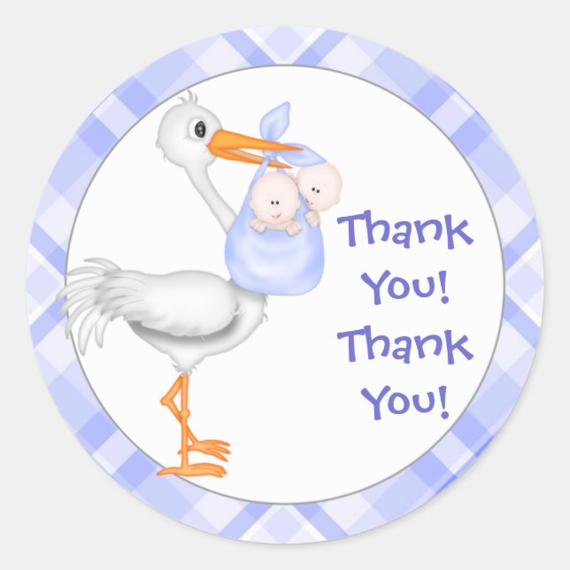 Stork & Twin Boys Thank You Classic Round Sticker (Front)