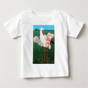 STORK TWIN GIRL BABY SHOWER, Pink White T-Shirt