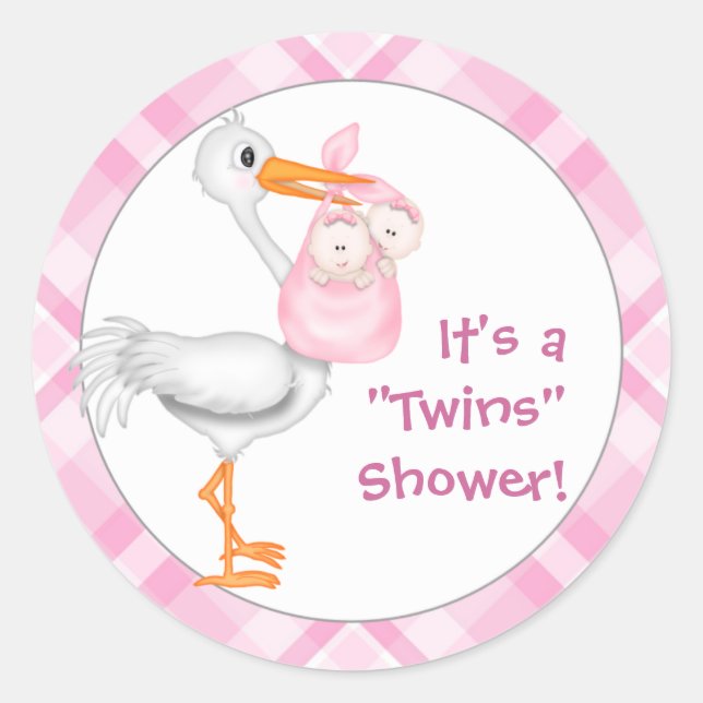 Stork & Twin Girls Baby Shower Classic Round Sticker (Front)