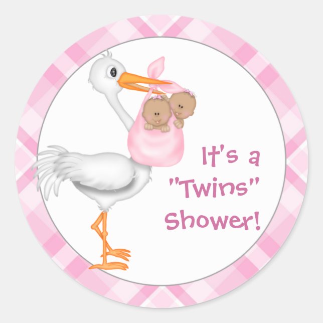Stork & Twin Girls (dark skin) Baby Shower Classic Round Sticker (Front)