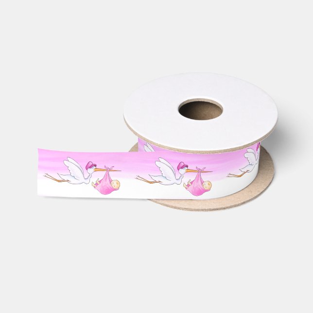 Stork watercolor art baby girl shower satin ribbon (Spool)