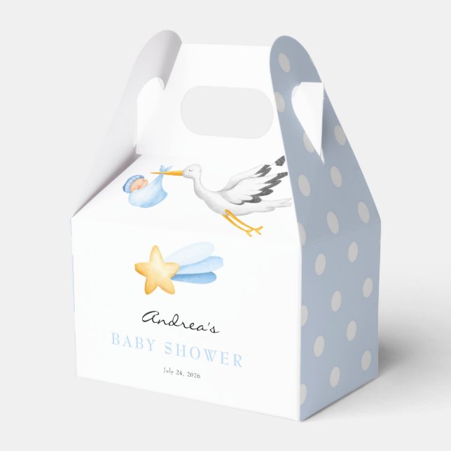 Stork | Watercolor Baby Boy Shower Favor Box (Front Side)