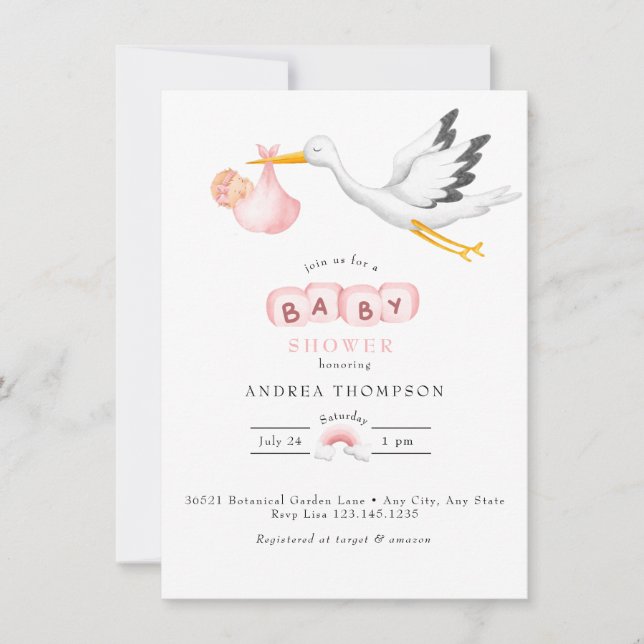 Stork | Watercolor Baby Girl Shower Invitation (Front)