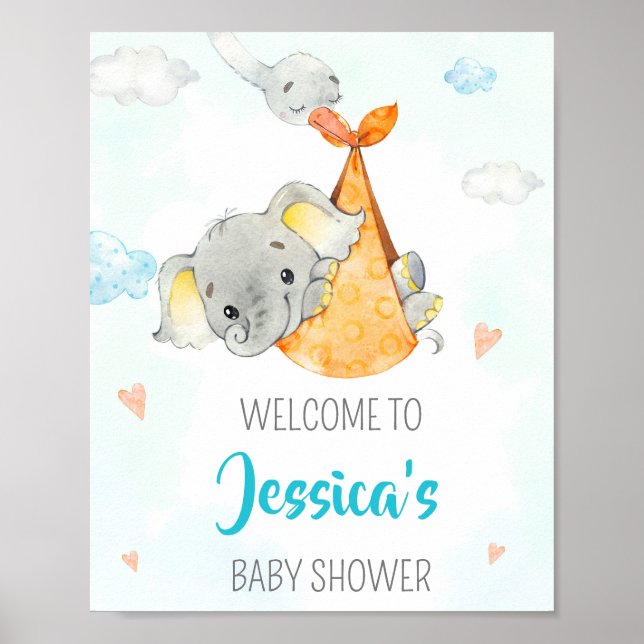 Stork welcome party sign Boy elephant party poster (Front)