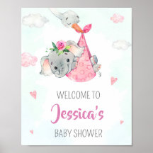 Stork welcome party sign Girl elephant poster