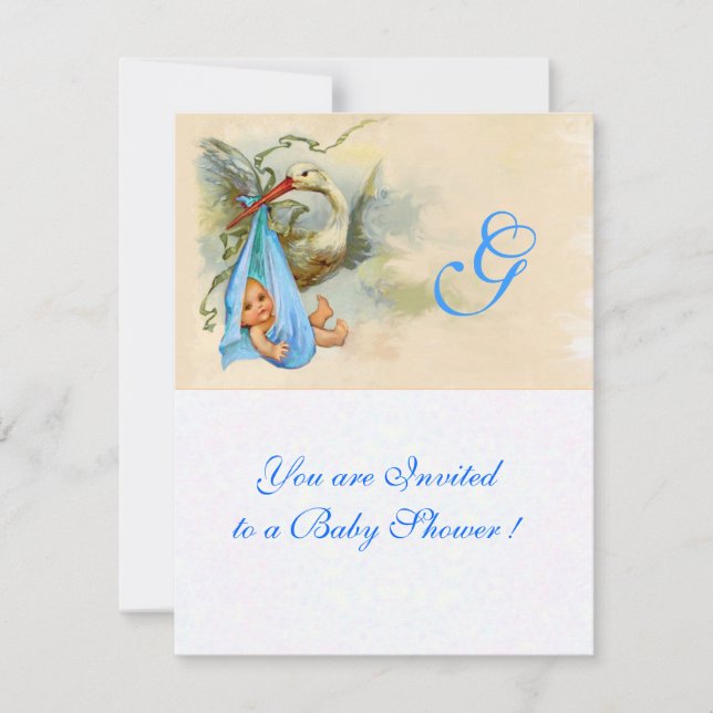 STORK WHITE BLUE BABY BOY SHOWER MONOGRAM INVITATION (Front)