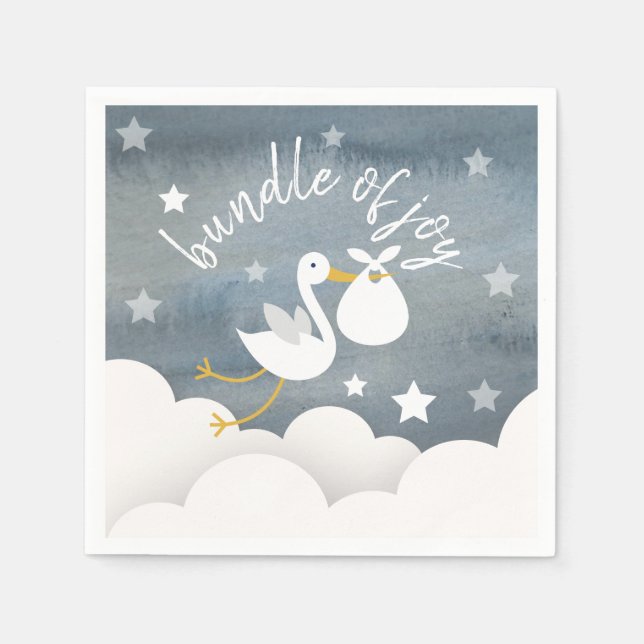 Stork White Bundle Stars Watercolor Baby Shower Napkin (Front)