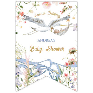 Stork Wildflower Ribbon and Bow Baby Shower Bunting Flags