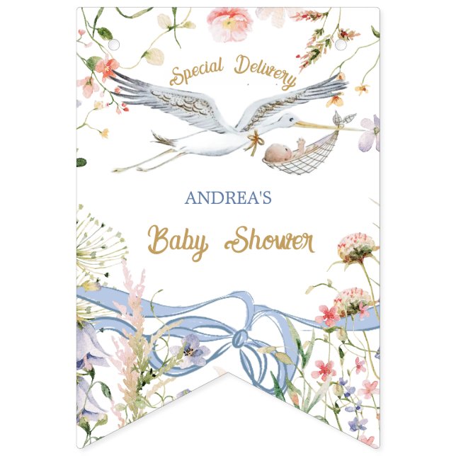 Stork Wildflower Ribbon and Bow Baby Shower Bunting Flags (First Flag)