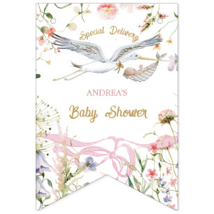 Stork Wildflower Ribbon and Bow Baby Shower Bunting Flags