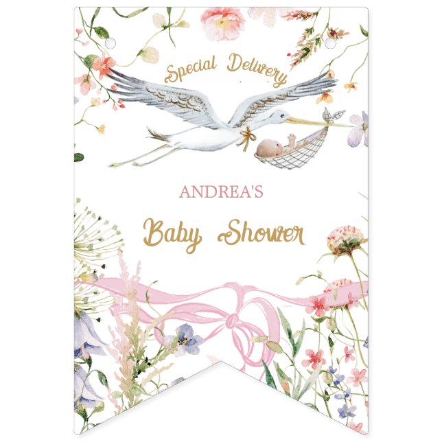 Stork Wildflower Ribbon and Bow Baby Shower Bunting Flags (First Flag)