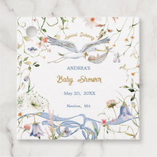 Stork Wildflower Ribbon Baby Shower Favour Tags