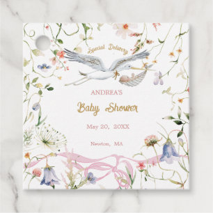 Stork Wildflower Ribbon Baby Shower Favour Tags