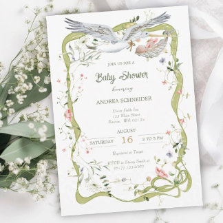 Stork Wildflower Ribbon Baby Shower Invitation