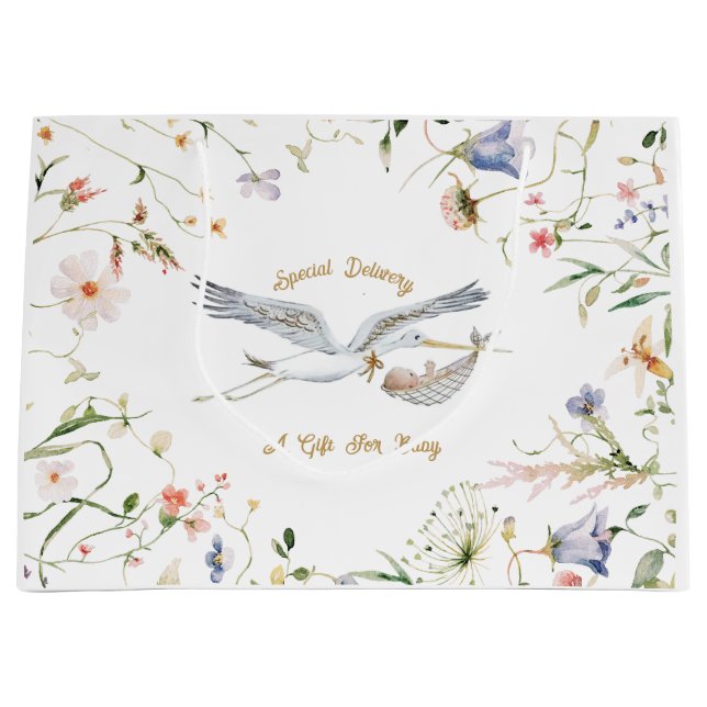 Stork Wildflower Ribbon Baby Shower Large Gift Bag (Front)