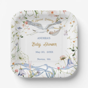 Stork Wildflower Ribbon Baby Shower Paper Plate