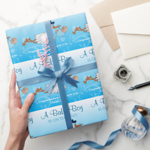 Stork with a Cute Little Baby Boy Wrapping Paper