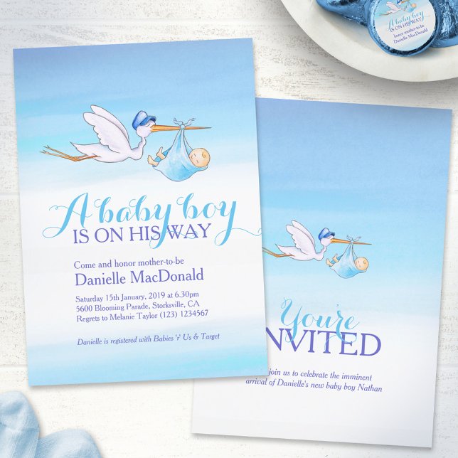 Stork with baby boy baby shower invitations (Creator Uploaded)