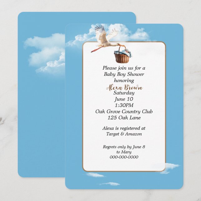 Stork With Baby Boy In Basket Invitation (Front/Back)