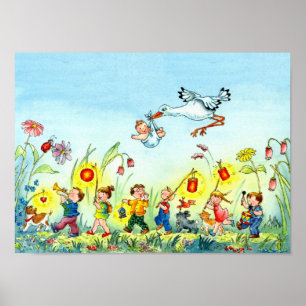 Stork with Baby - Nursery Poster