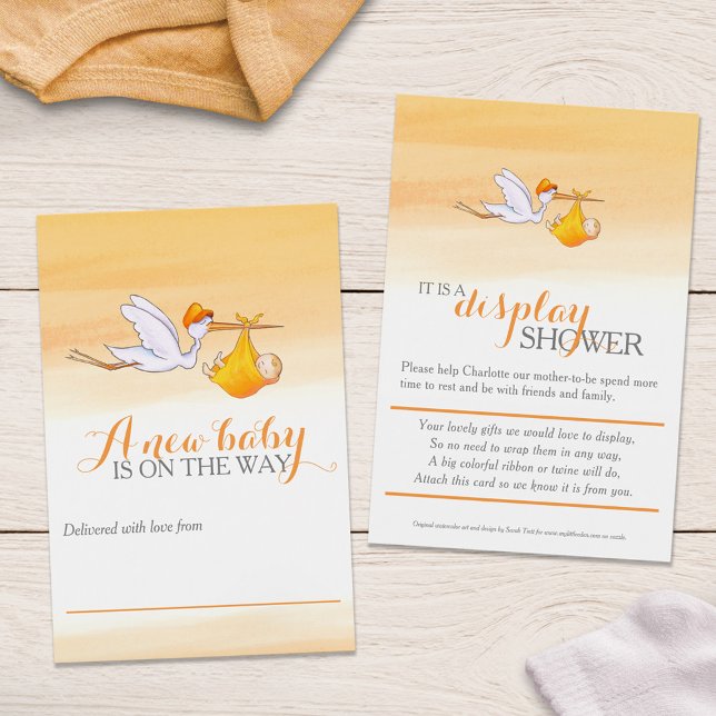 Stork with baby orange shower display cards (Creator Uploaded)