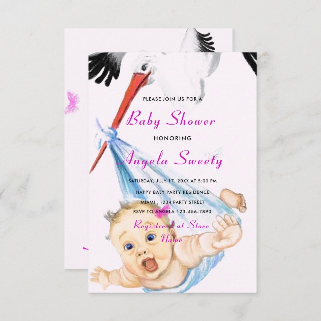 Stork with Baby Shower Invitation Example (Front/Back)