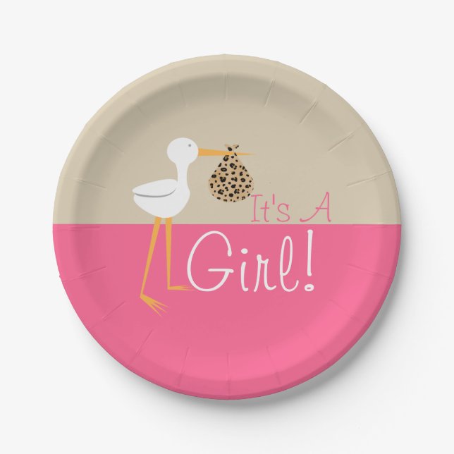 Stork With Leopard Bundle Girl Baby Shower Paper Plate (Front)