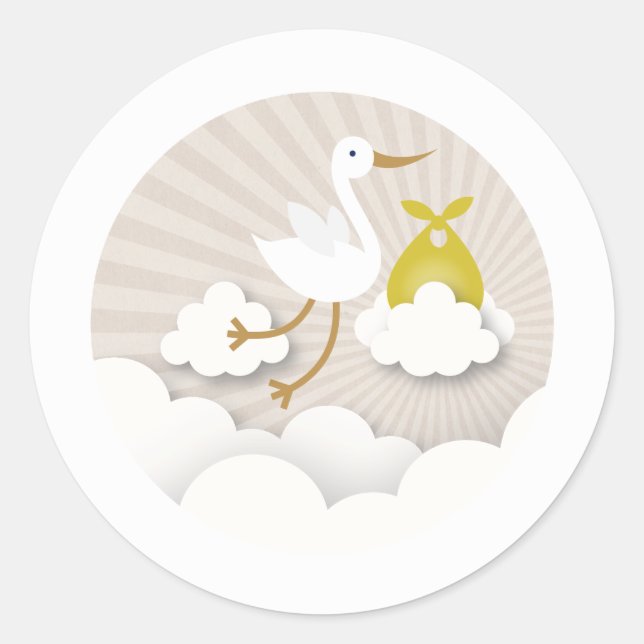 Stork with Yellow Bundle Neutral Baby Shower Classic Round Sticker (Front)
