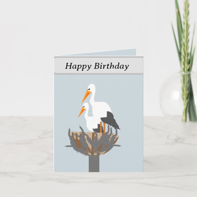 Storks in a nest editable birthday card (Front)
