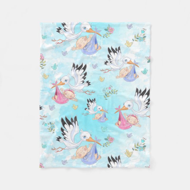 Storks Pink and Blue Fleece Blanket (Front)
