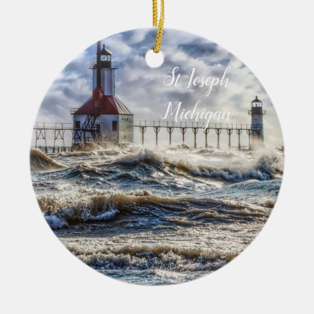 Storm At St Joseph Lighthouse Ceramic Ornament (Front)