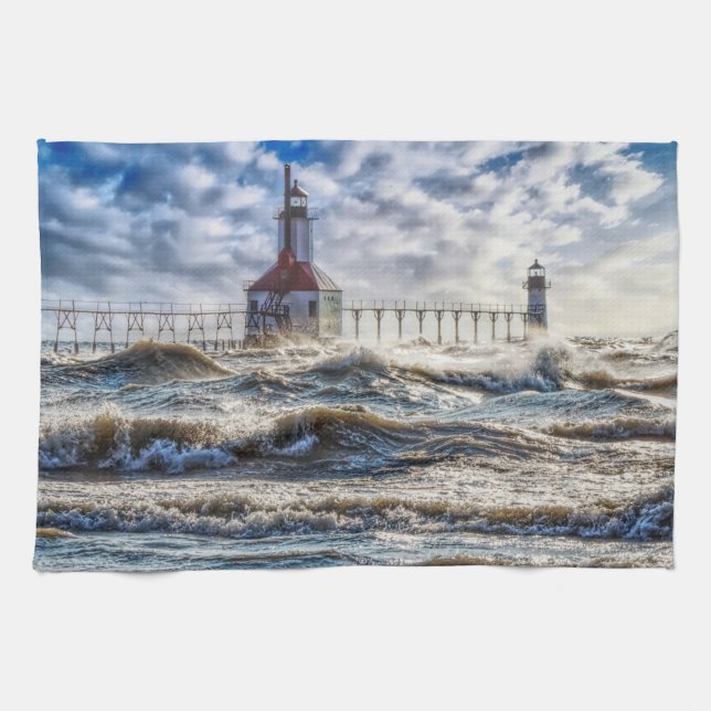 Storm At St Joseph Lighthouse Kitchen Towel (Horizontal)