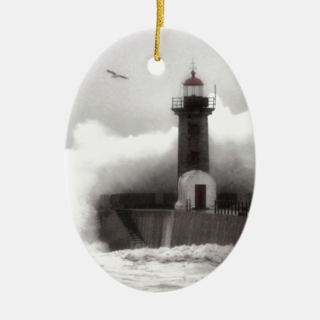 Storm at the Lighthouse Ceramic Ornament (Front)