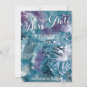 STORM BLUE WATERCOLOR HIBISCUS WEDDING SAVE THE DATE