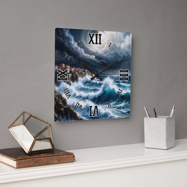 Storm By A Mediterranean Coast AI Art by Xendor7 Square Wall Clock (Office)