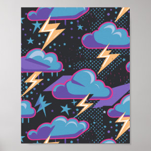 Storm Clouds, Lightning Bolts, and Stars Pattern Poster