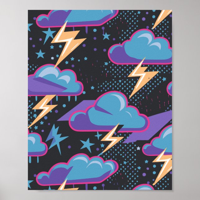 Storm Clouds, Lightning Bolts, and Stars Pattern Poster (Front)