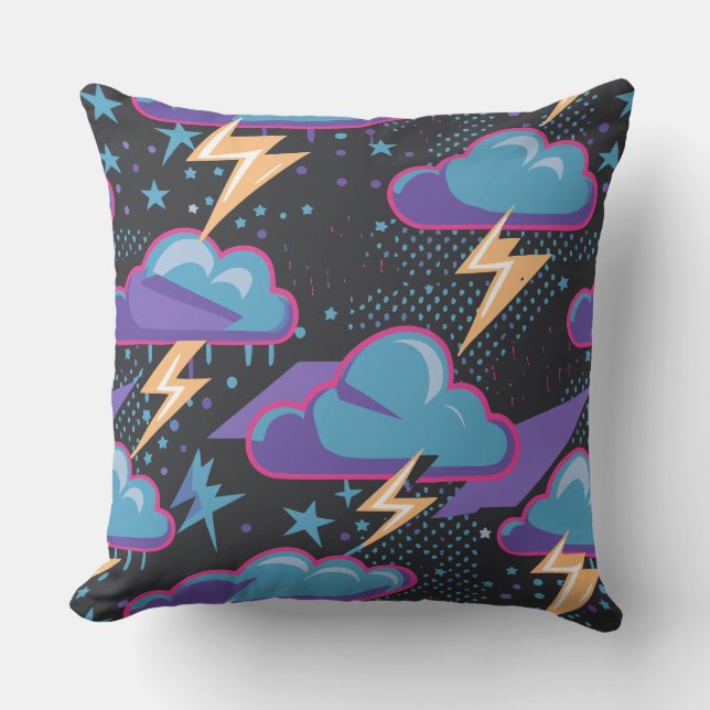 Storm Clouds, Lightning Bolts, and Stars Pattern Throw Pillow (Front)