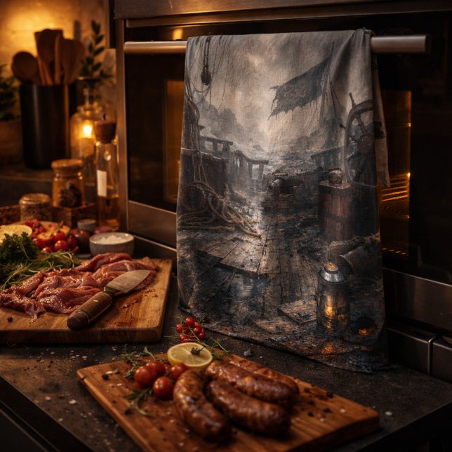 Storm Residue — Pirate Ship Aftermath Kitchen Towel (Creator Uploaded)