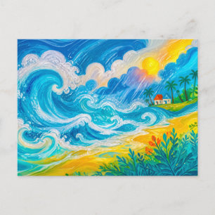 Storm waves crashing near beach house postcard