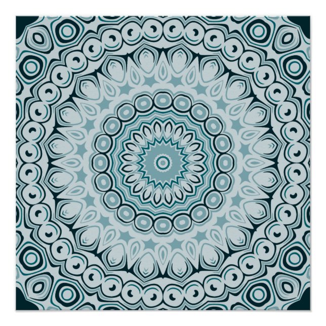 Stormy Blue and Grey Mandala Pattern Poster (Front)