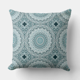 Stormy Blue and Grey Mandala Pattern Throw Pillow