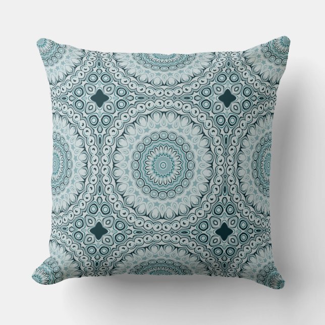 Stormy Blue and Grey Mandala Pattern Throw Pillow (Front)