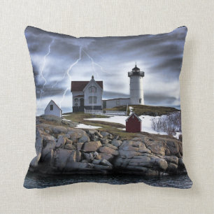 Stormy Cape Neddick "Nubble" light house Throw Pillow