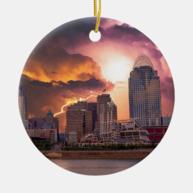 Stormy Cincinnati Great American Ball Park Ceramic Ornament (Front)