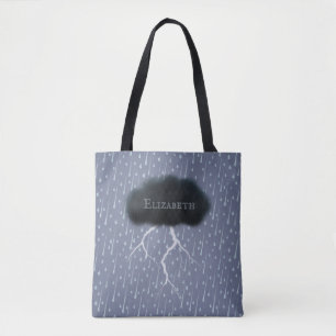 Stormy Day Thunder Cloud & Rain Customized Blue Tote Bag