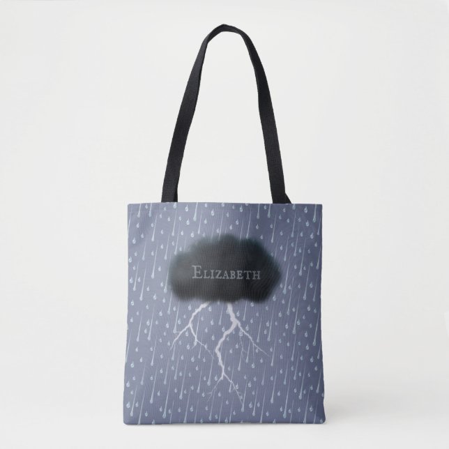 Stormy Day Thunder Cloud & Rain Customized Blue Tote Bag (Front)